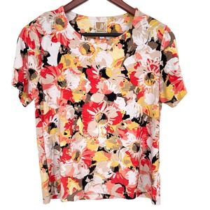 JM Collection Sz PL Petite Large Red Yellow Stretchy Floral Blouse Shirt Top